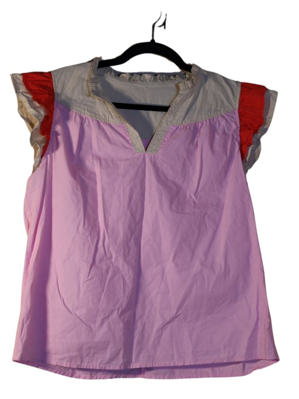 VOY Kendra Pink Colorblock Ruffle Sleeve Poplin Top V-Neck Size M